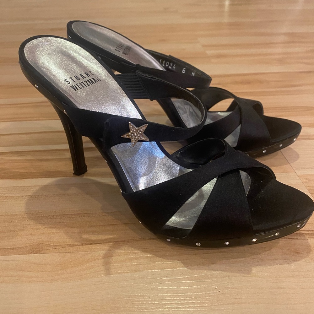 Stuart Weitzman Black Satin Star Heels with Rhinestone and star details 6M